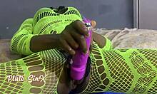 vera's ebony ass sways seductively as she strokes throbbing cock and teases with slick dildo in fishnets lingerie