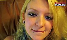 Skinny blonde coed Chelsie Rae deepthroats cumshots in shaved pussy and mouth