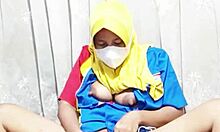 gadis hijab slips dildo into hairy pussy before work in indomaret cosplay