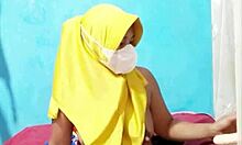 gadis hijab slips dildo into hairy pussy before work in indomaret cosplay