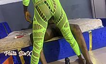 vera's ebony ass sways seductively as she strokes throbbing cock and teases with slick dildo in fishnets lingerie