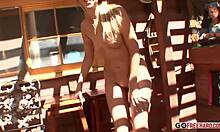 bree barrett slurps cum facial after skirt fuck in sunroom