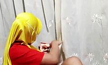 gadis hijab slips dildo into hairy pussy before work in indomaret cosplay