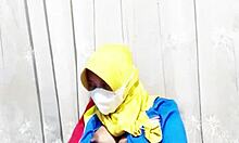 gadis hijab slips dildo into hairy pussy before work in indomaret cosplay