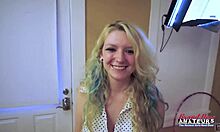 Skinny blonde coed Chelsie Rae deepthroats cumshots in shaved pussy and mouth