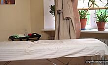 Russian first-time petite teen Nastya gets oiled shaved pussy massaged to nasty orgasm by old lesbian