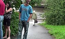 pregnant blonde cutie and her girlfriend take public street outdoor blowjob pussy fuck from two guys orgy