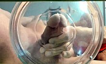 gilf with tan lines jerks huge cock then takes slowmo cumshot in water with friend watching closeup