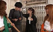 three petite japanese teens pick up shy virgin, lead him to sloppy first time suck in uncensored jav 4some