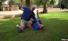 Two grandpas pound young blonde teen and lick her pussy lips