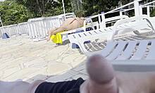 i was jerking off by the pool when this milf grabbed my monster cock and made me explode!