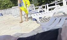 i was jerking off by the pool when this milf grabbed my monster cock and made me explode!