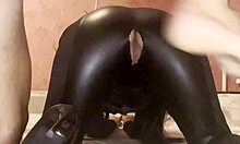 a fierce latex domme gets her huge ass slammed doggy and creampied hard by sub