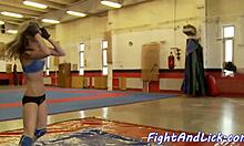 imagine this petite teen's shaved pussy licked hard by wrestling babe