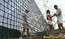 Whoa, check out this glamorous Euro babe getting anally spitroasted by two guys right on the tennis court, they even spit and cum in her mouth! 🔥🍑🎾