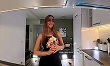 sexy brunette dorm girl in nightie ignores boredom in kitchen