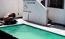 tanned wife flashes big ass then fucks black bull poolside as cuck husband watches outdoor swingers