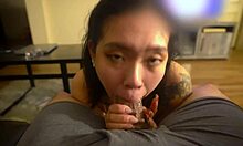 Submissive asian chokes on huge cock pov sloppy face fuck massive mouth cumshot