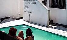 tanned wife flashes big ass then fucks black bull poolside as cuck husband watches outdoor swingers