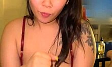 Horny asian slut gags on hard cock pov sloppy deepthroat ends with cum on boobs