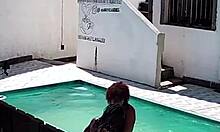 tanned wife flashes big ass then fucks black bull poolside as cuck husband watches outdoor swingers