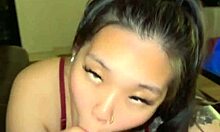 Horny asian slut gags on hard cock pov sloppy deepthroat ends with cum on boobs