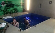 brazilian skinny wife and blonde friend double team old hubby's cock poolside threesome