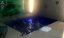 brazilian skinny wife and blonde friend double team old hubby's cock poolside threesome