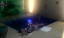 brazilian skinny wife and blonde friend double team old hubby's cock poolside threesome