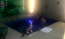 brazilian skinny wife and blonde friend double team old hubby's cock poolside threesome