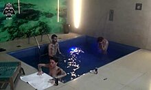 brazilian skinny wife and blonde friend double team old hubby's cock poolside threesome