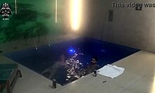 brazilian skinny wife and blonde friend double team old hubby's cock poolside threesome