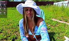 moaning teen plays with wet hairy pussy outside as people watch her orgasm