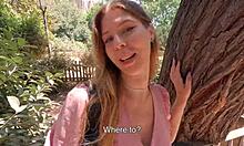 tourist babe drops to knees sucking wet cock in public forest park for steamy cum photos