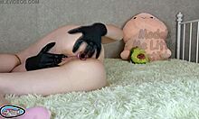 damn, stepsis pisses in latex gloves while buttplug stretches her ass and she rubs that big clit