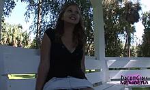 college cutie lifts skirt for shaved pussy upskirt flash in florida wilds