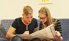 stylish glasses nerd bends over for couple's intense doggystyle group bang