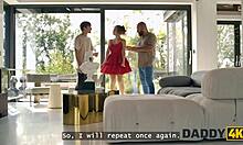 in the same room daddy4k's slutty girlfriend sucks one cock then stripteases for her watching lover