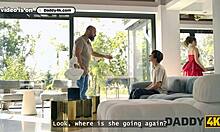 in the same room daddy4k's slutty girlfriend sucks one cock then stripteases for her watching lover