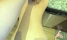 He bends her over kitchen counter for sloppy blowjob then doggystyle creampie