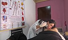 Erection pops up hard in front of hot nurse during hospital checkup leading to blowjob and pussy bang