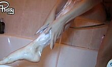 Amateur College Coed Fingers Shaved Pussy to Explosive Orgasm Then Showers Legs