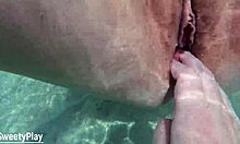 Mature chubby bbw housewife squirts juicy creampie underwater in tight wet shaved pussy closeup pov outdoor
