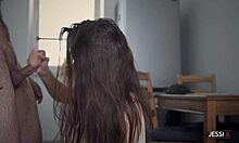 hot brunette amateur jessi q bends over kitchen table for erotic wet pussy doggystyle pounding