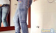Petite Colombian teen Sammy 18+ fingers her tight pussy while teasing small tits