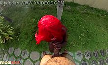 Redhead African big ass slut gets fucked hard in backyard while clueless boyfriend searches nearby