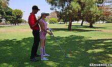 Sexy blonde golfer drops to knees for thick cock blowjob