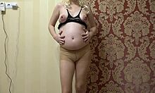 pregnant milf spreads hairy pussy wide in sexy nylon outfit for toy fetish fuck