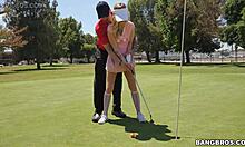 Sexy blonde golfer drops to knees for thick cock blowjob