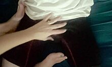 Stepmom strokes my cock with Christmas toes. Gets massive cum blast surprise!
